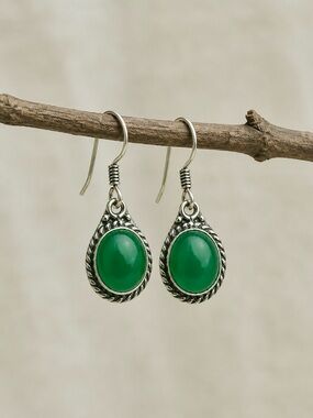 Dainty Natural Green Onyx 925 Silver 1” Earrings